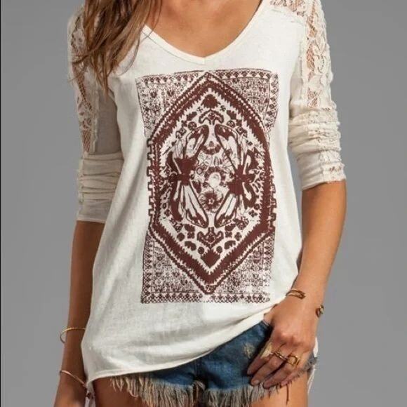 Free People Tops - Free People We The Free Butterfly Graphic Print Pure Cotton Lace 3/4 Sleeve Tee